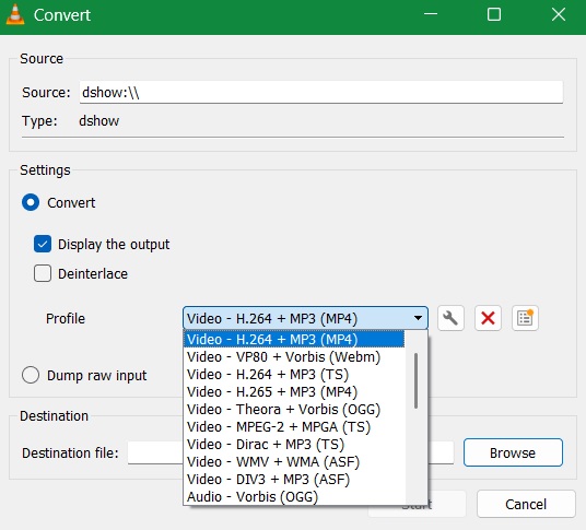Choosing a destination to burn video format for VLC.