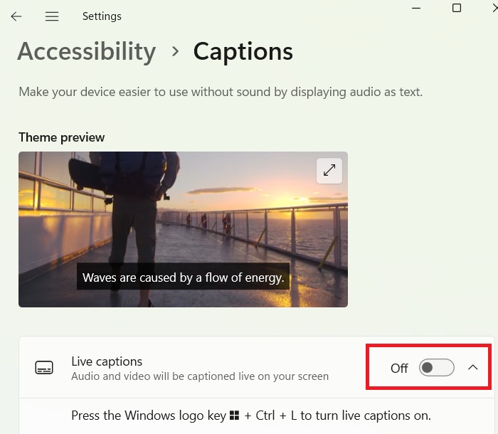 Accessibility "Live Captions" turned on in Windows 11 Settings.