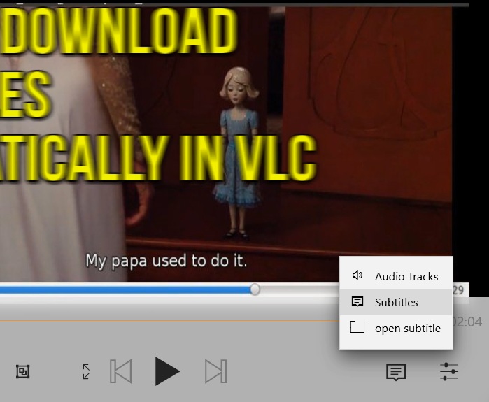 Click "Subtitles" menu in VLC UWP app in Windows.