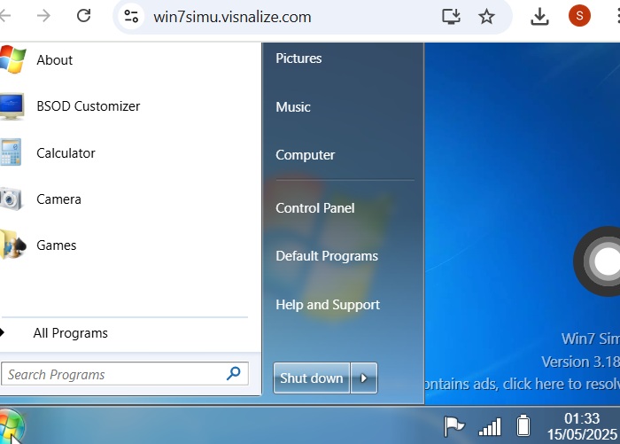 Win7semu, with its characteristic Windows 7 Start menu and user interface.