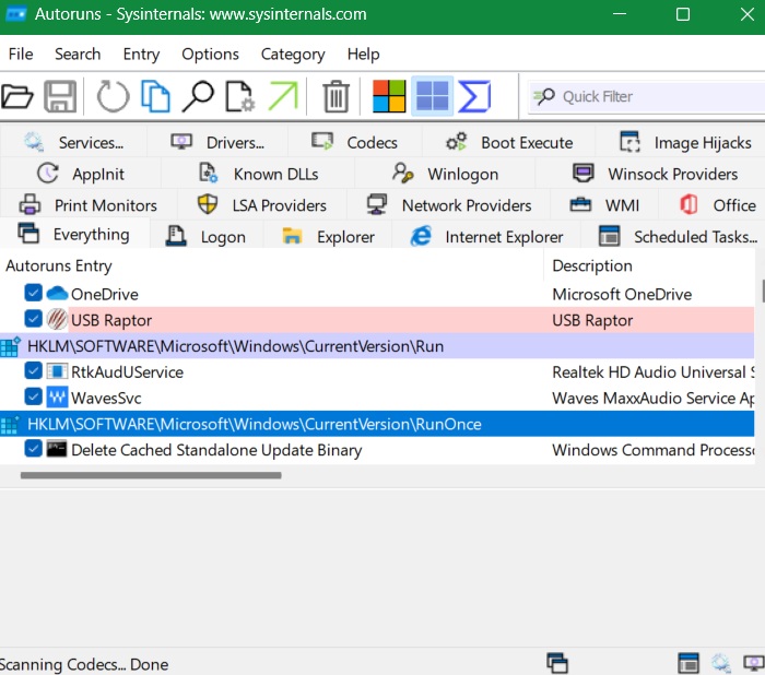 Using "Autoruns" to look for suspected NSIS entries in Windows.
