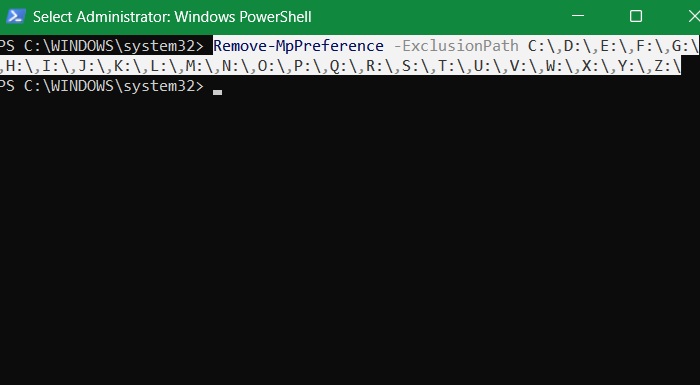 Preventing unauthorized exclusions for PowerShell for all drive letters.