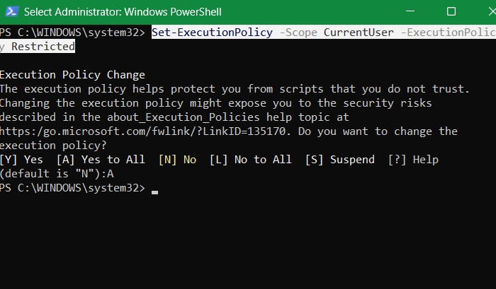 Restricted execution policy to prevent random apps from making changes through PowerShell scripts.