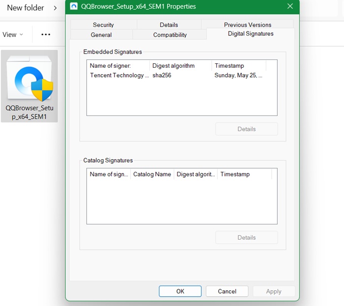 Verifying Digital Signature for QQBrowser installer file's Properties.