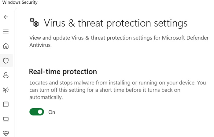 "Real Time Protection" is turned on in Windows Security's Virus & Threat Protection settings.