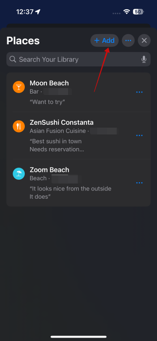 Pressing Add button in Saved places in Apple Maps.