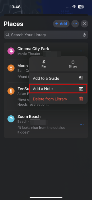 Adding note for saved place via Library in Apple Maps.