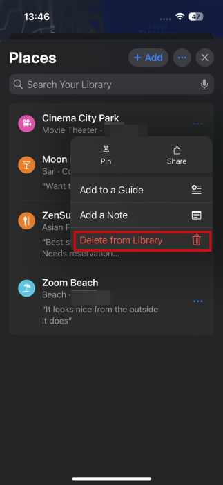Deleting saved place from Library in Apple Maps.