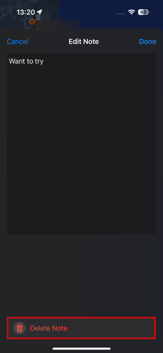 Deleting note for location in Apple Maps.