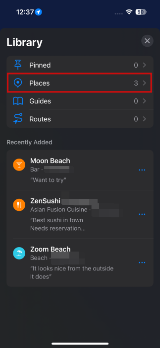 Tapping on "Places" in Apple Maps Library.