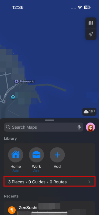 Tapping menu bar in Library section in Apple Maps.