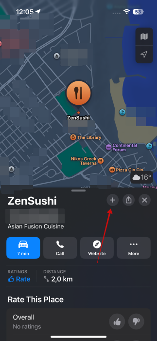 Tapping on + sign on location page in Apple Maps.