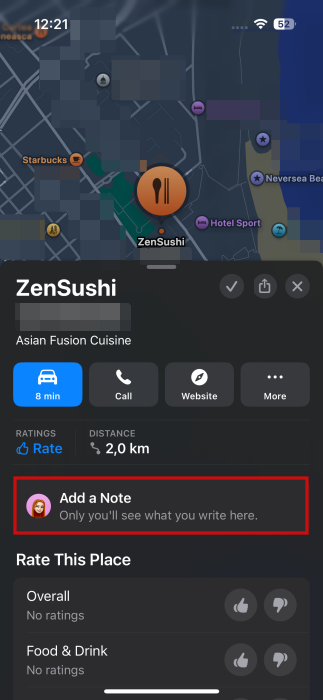 Tapping "Add a note" option in saved location screen in Apple Maps.