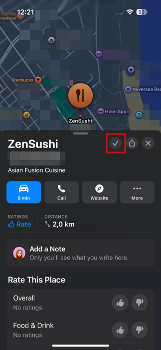 Tick sign view after saving place to Library in Apple Maps.