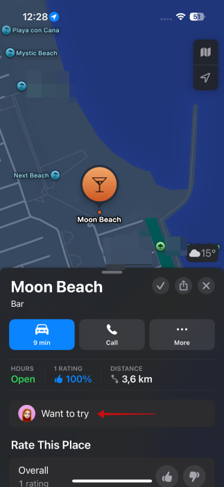 Note view for non-saved location in Apple Maps.