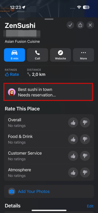 Viewing note for saved location in Apple Maps.