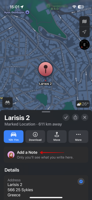 Option to "Add a Note" for pin in Apple Maps.