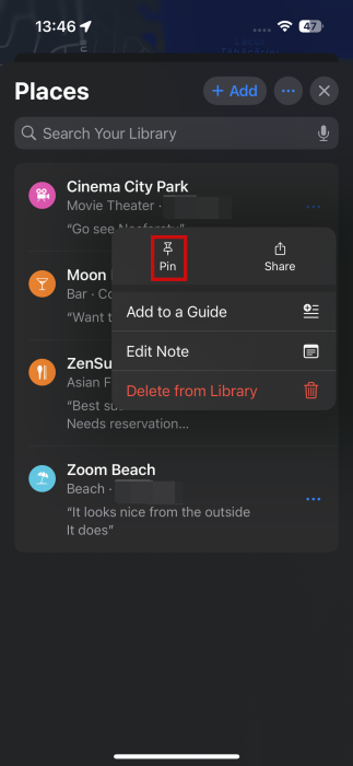 Pinning saved place to Library in Apple Maps.