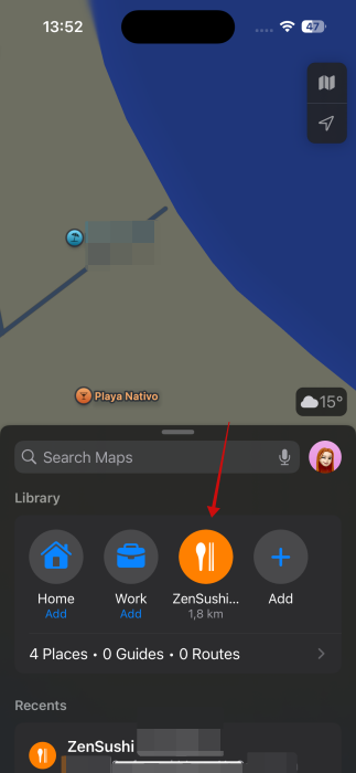 Pin view in Library in Apple Maps.