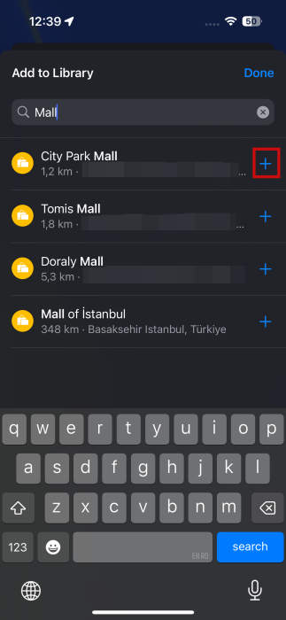 Adding new saved location from Library in Apple Maps.