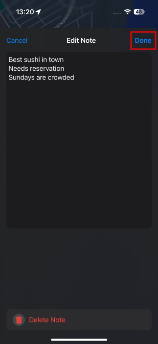 Writing and saving new note in Apple Maps.