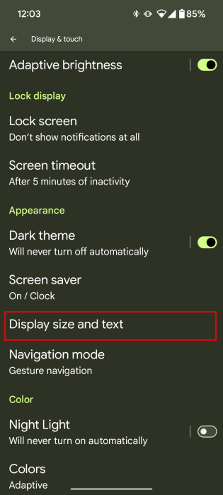 Navigating to "Display size and text" in Android settings. 