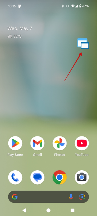Tapping Floating Apps icon in Android home screen.