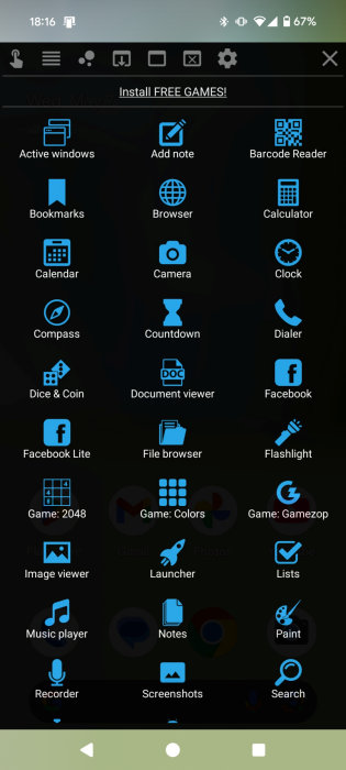 Selecting option to open floating app or utility via Floating Apps on Android.
