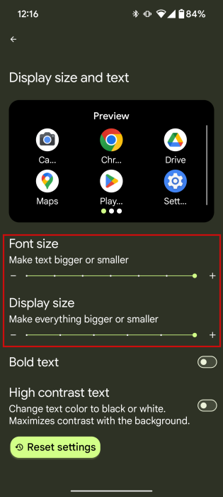 "Font size" and "Display size" sliders visible in Android settings. 