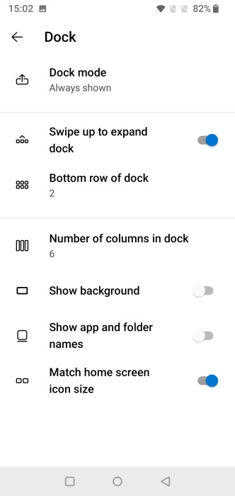 Customization options for dock via Microsoft Launcher on Android. 