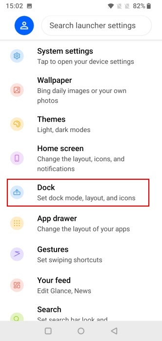 Selecting "Dock" option in Microsoft Launcher app on Android.