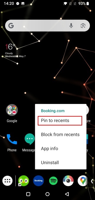 Opting for "Pin to recents" option while using Taskbar app on Android. 