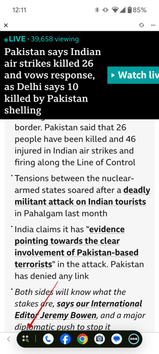 Taskbar view on Android phone with app opened. 