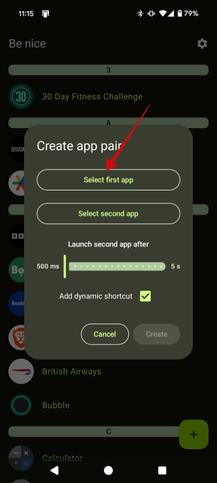 Tapping "Select first app" option in Be Nice app on Android.