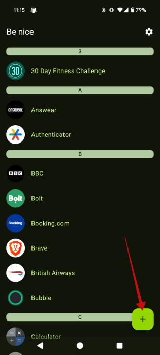 Pressing + button in Be Nice app to create app pair.
