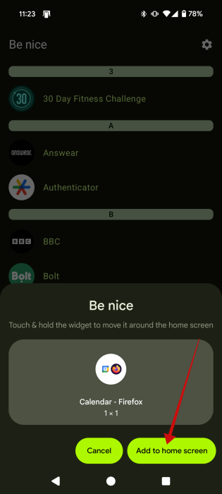 Opting to add App pair to home screen in Be Nice app on Android.