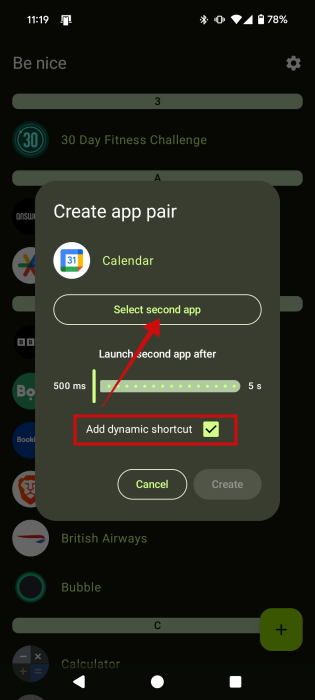 Tapping on "Select second app" option in Be Nice app on Android.