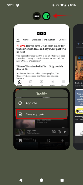 Tapping on "Save app pair" option in Android Recent apps screen.