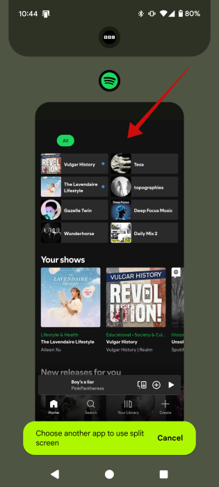 Selecting second app for split screen on Android phone. 