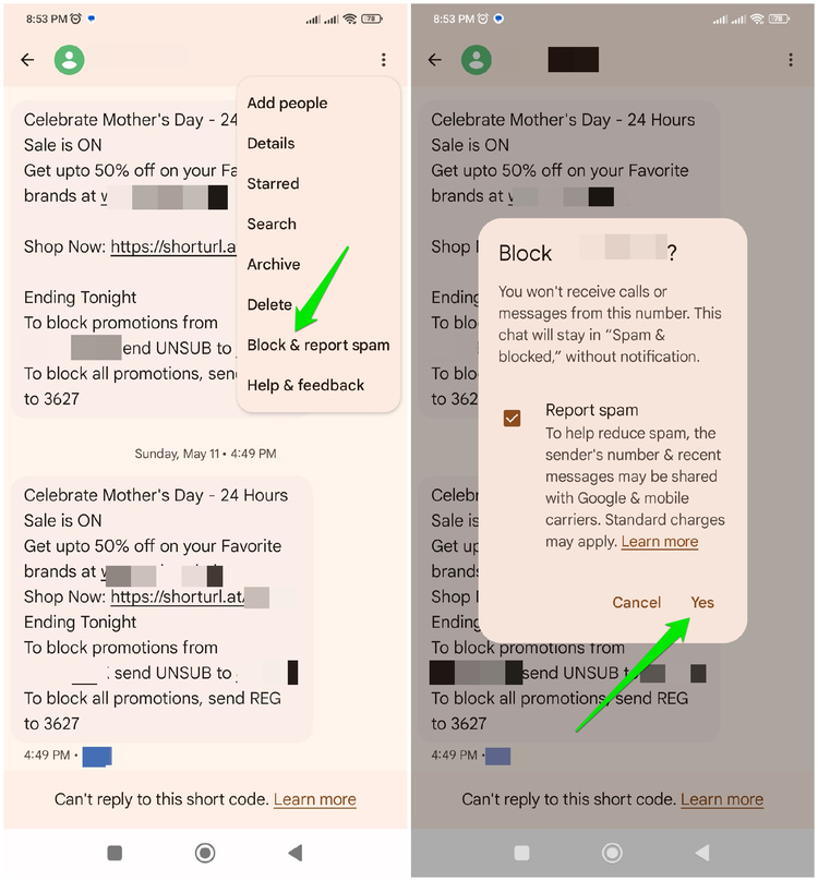 reporting a spam message on Google Messages