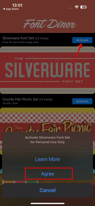 Pressing "Activate" button for font set in Font Diner on iPhone.