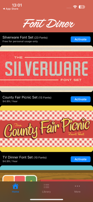 Browsing Font Diner for font sets on iPhone.