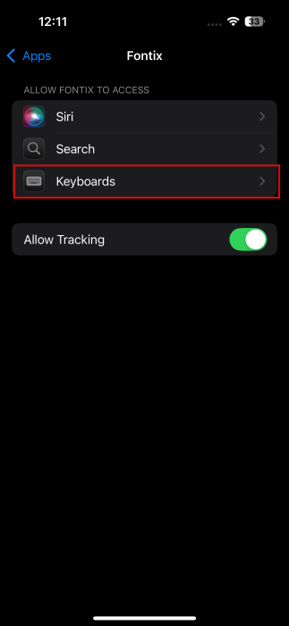 Tapping on "Keyboards" in Fontix settings on iPhone.