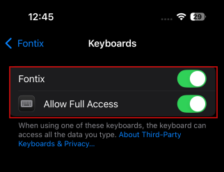 Toggling on options in Fontix settings on iPhone.
