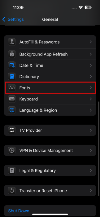 Navigating to Fonts in iPhone settings.