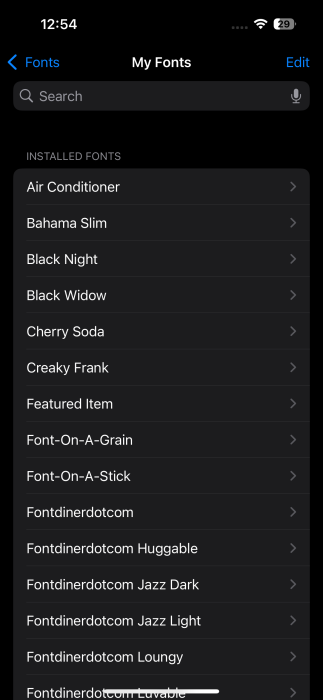 Viewing installed fonts on iPhone.
