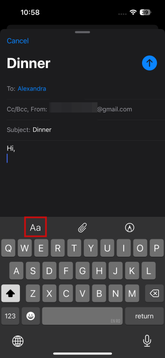 Selecting Aa option in iPhone keyboard.