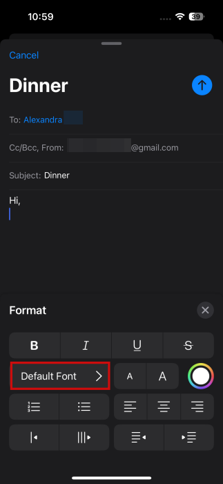 Pressing on "Default Font" option in Mail app on iPhone.