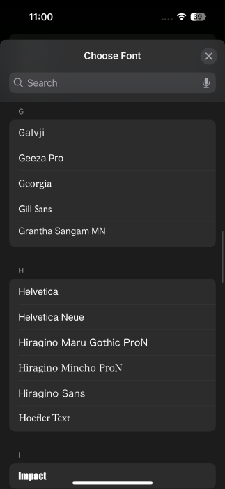 Available fonts for Mail app on iPhone.