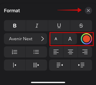 Closing Format window in Mail app on iPhone.